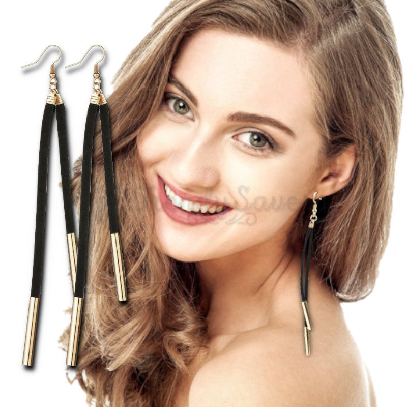 Simple Classic Black Long Tassel Gold Copper Tube Dangle Drop Fashion Earrings