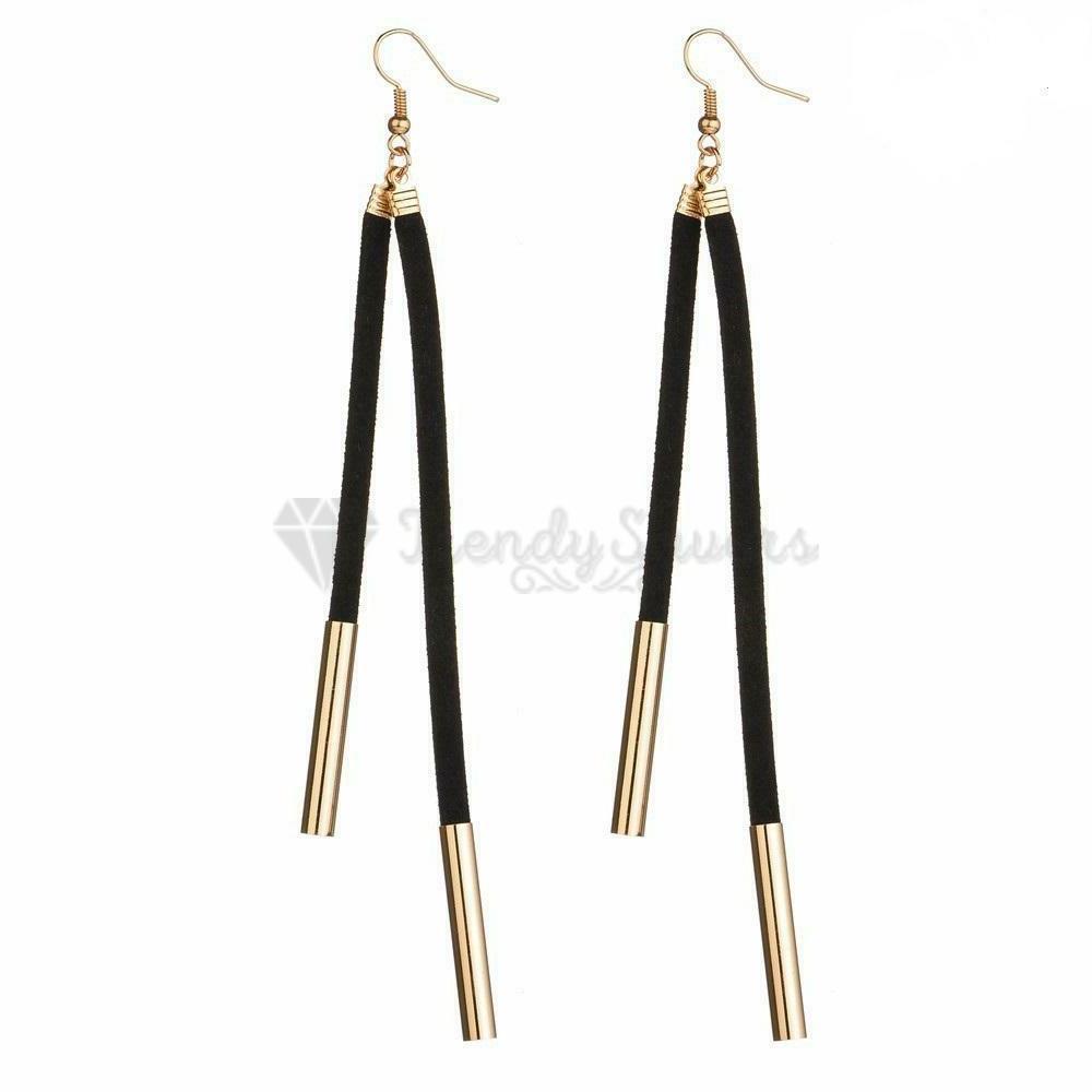 Simple Classic Black Long Tassel Gold Copper Tube Dangle Drop Fashion Earrings
