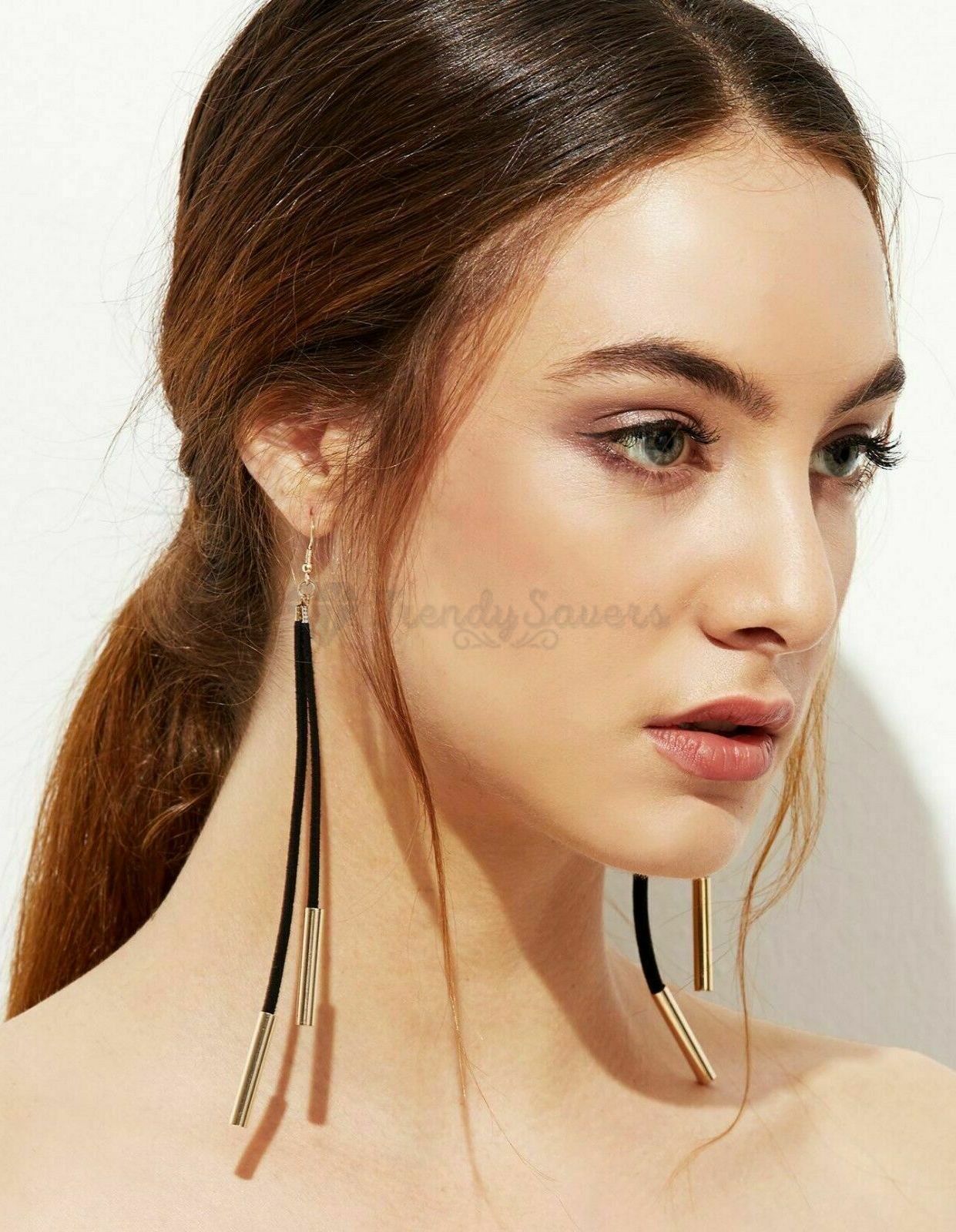 Simple Classic Black Long Tassel Gold Copper Tube Dangle Drop Fashion Earrings