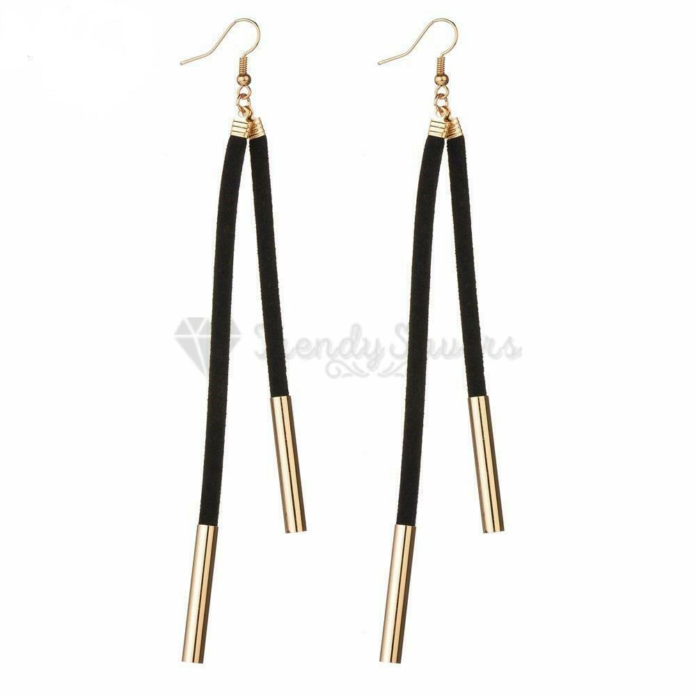 Simple Classic Black Long Tassel Gold Copper Tube Dangle Drop Fashion Earrings