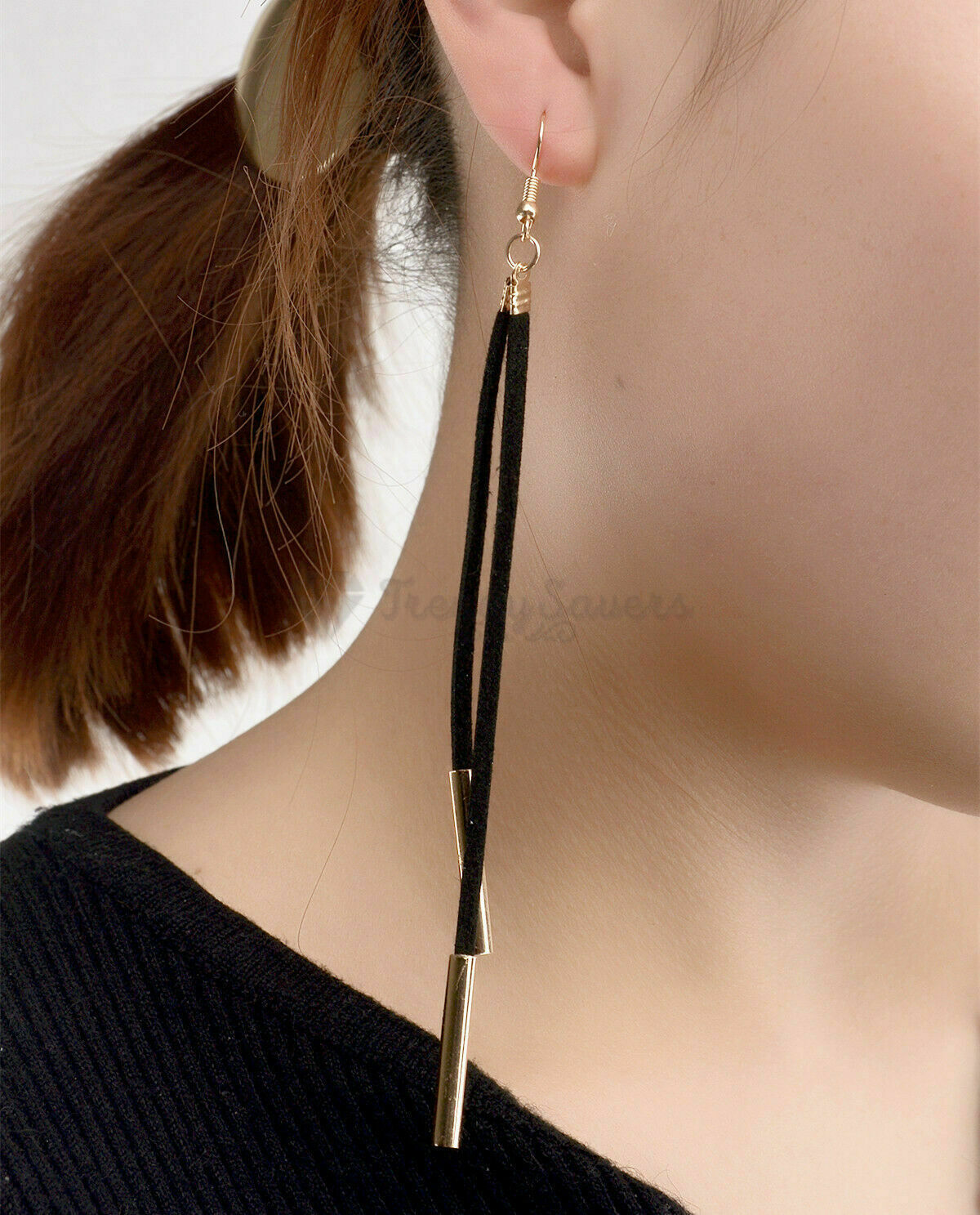 Simple Classic Black Long Tassel Gold Copper Tube Dangle Drop Fashion Earrings