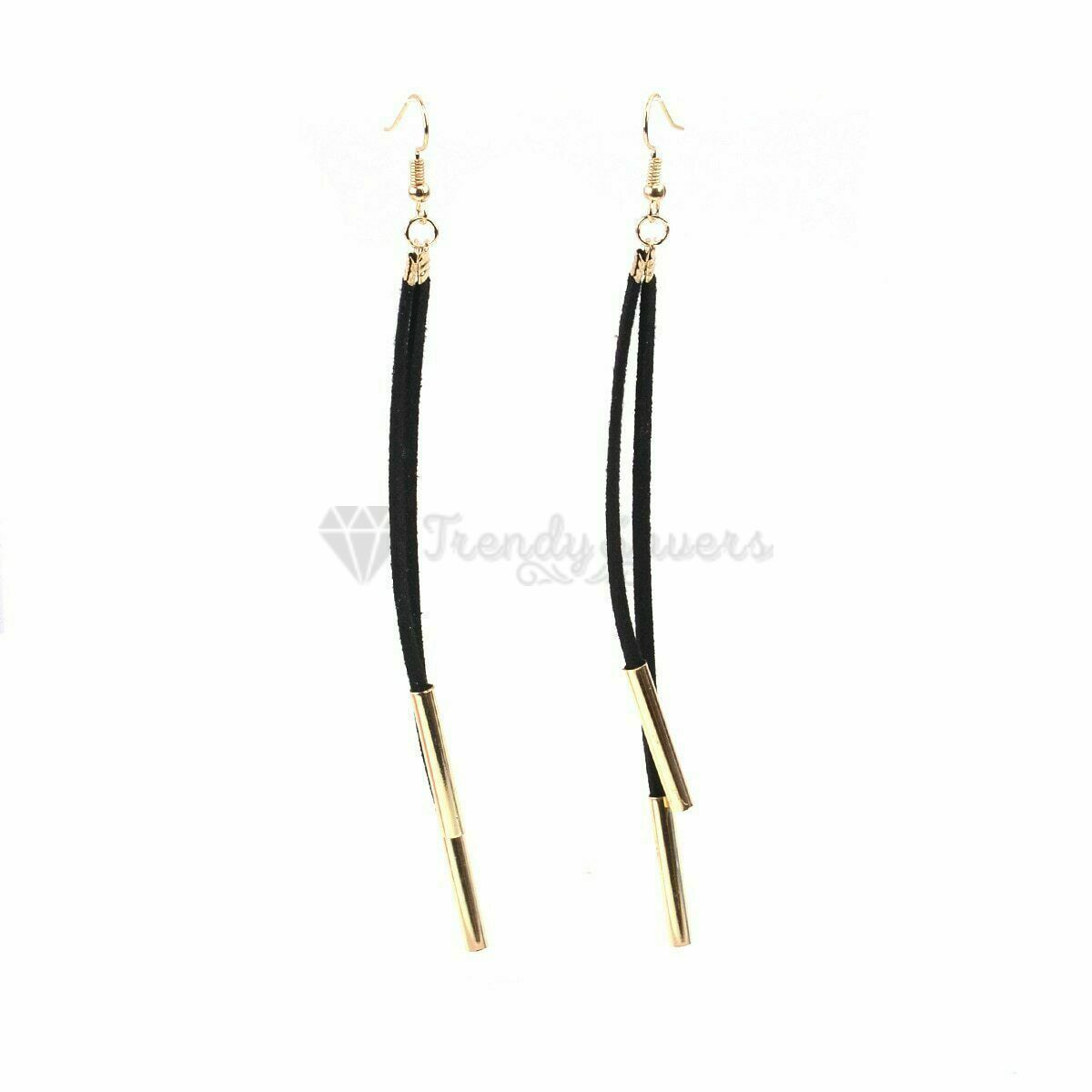 Simple Classic Black Long Tassel Gold Copper Tube Dangle Drop Fashion Earrings