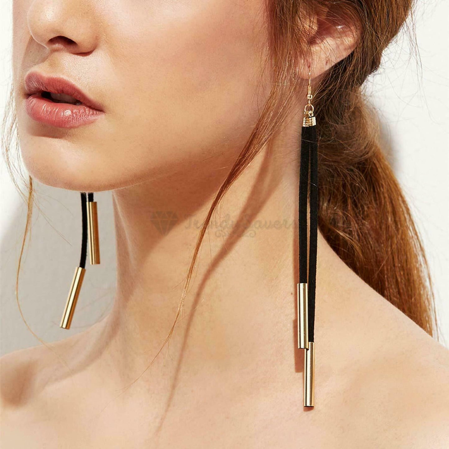 Simple Classic Black Long Tassel Gold Copper Tube Dangle Drop Fashion Earrings