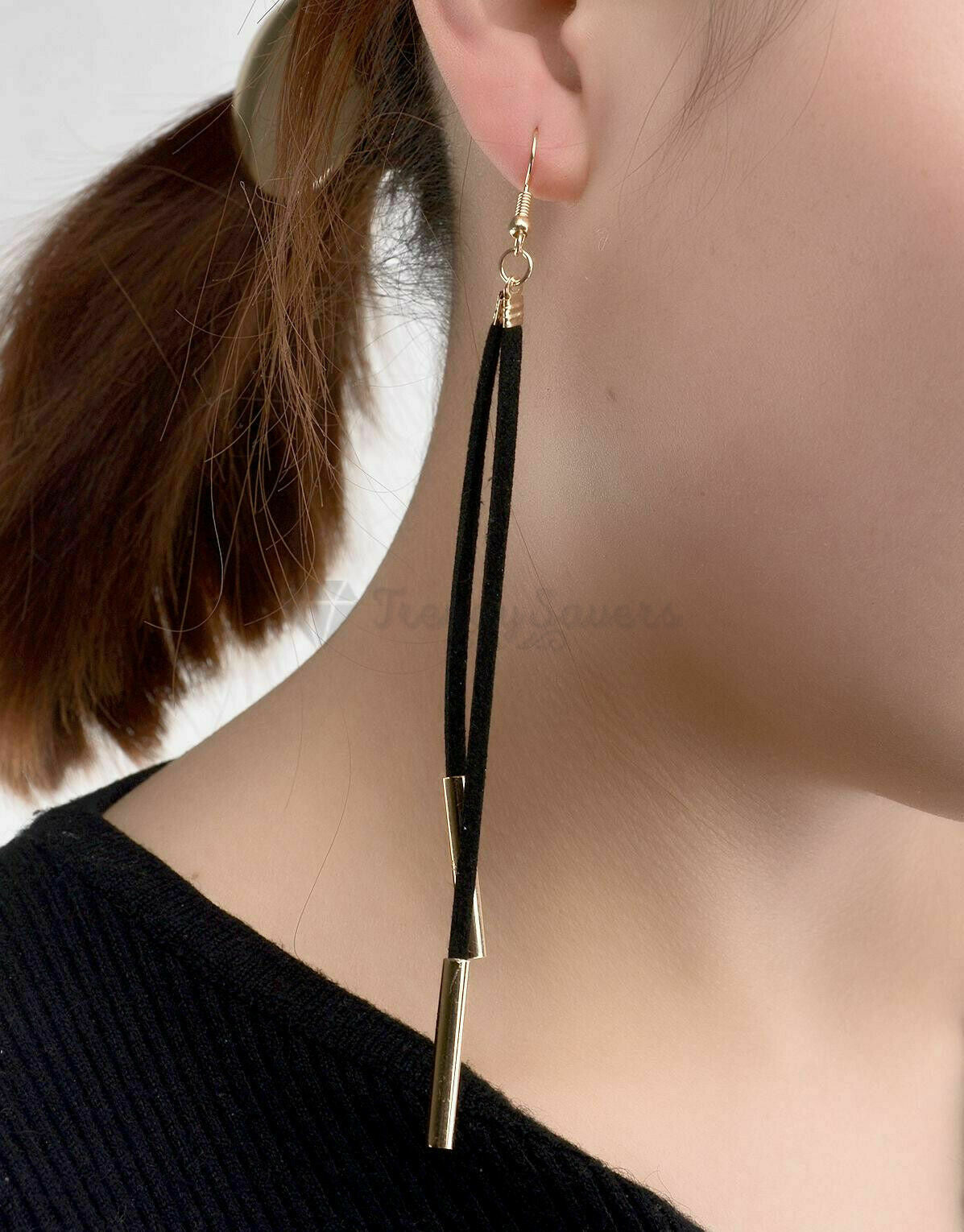 Simple Classic Black Long Tassel Gold Copper Tube Dangle Drop Fashion Earrings