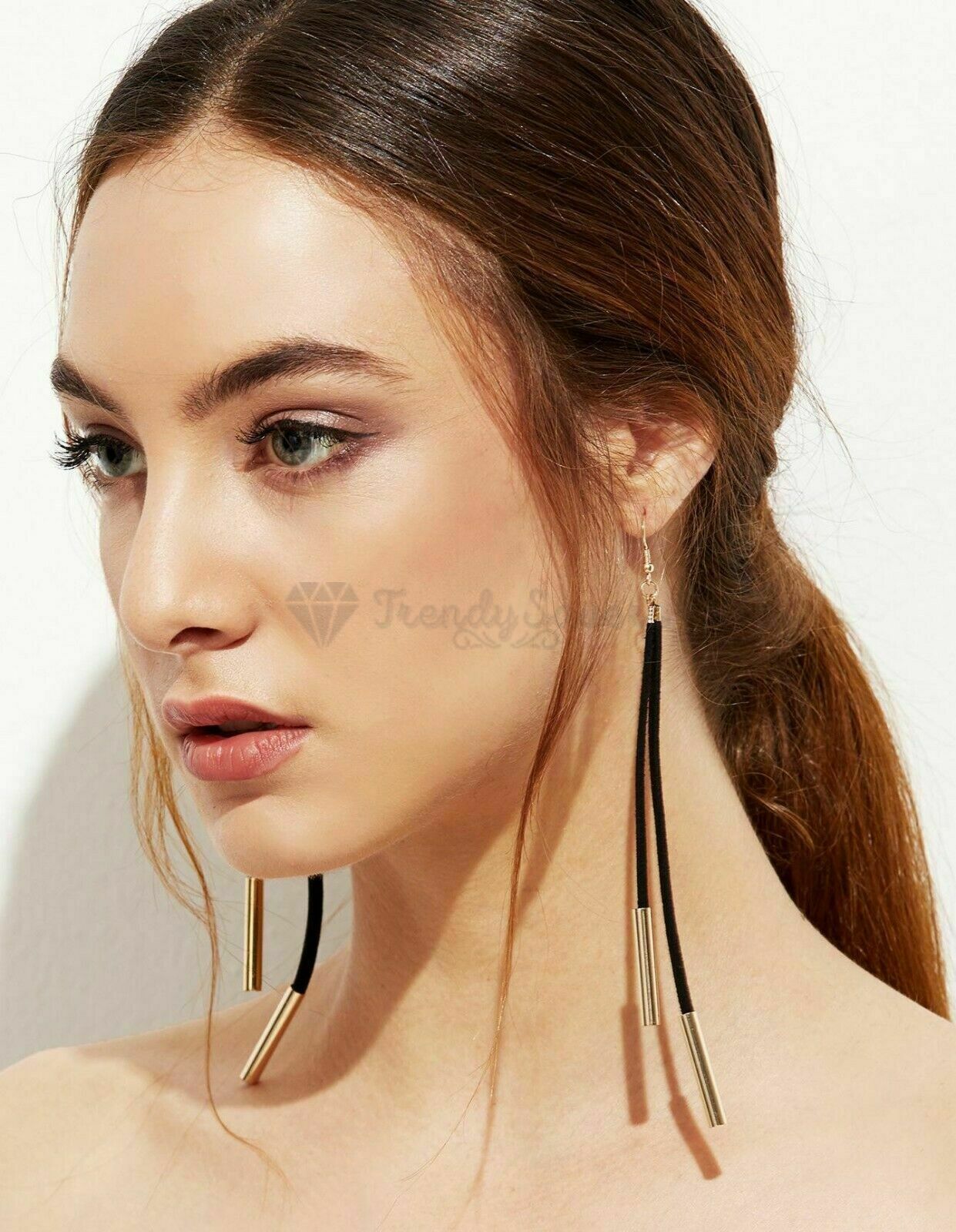 Simple Classic Black Long Tassel Gold Copper Tube Dangle Drop Fashion Earrings