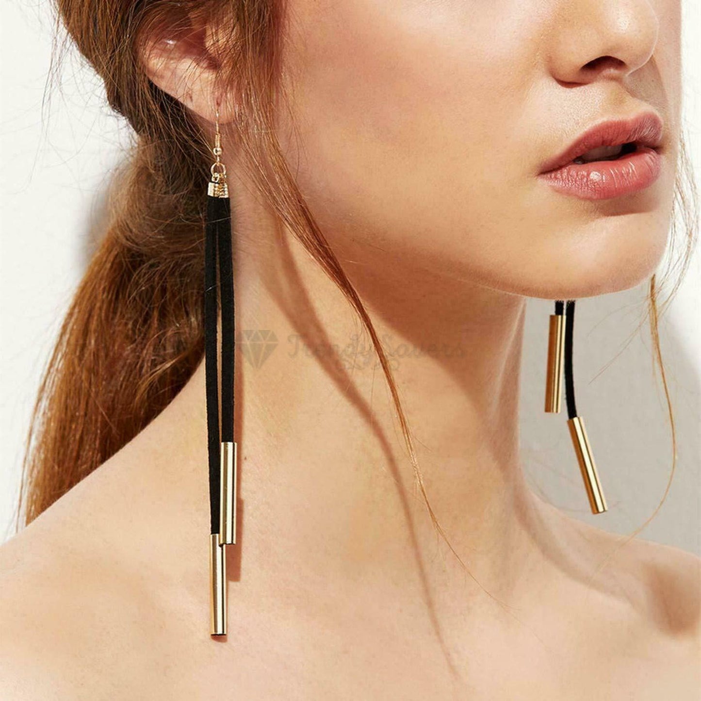 Simple Classic Black Long Tassel Gold Copper Tube Dangle Drop Fashion Earrings