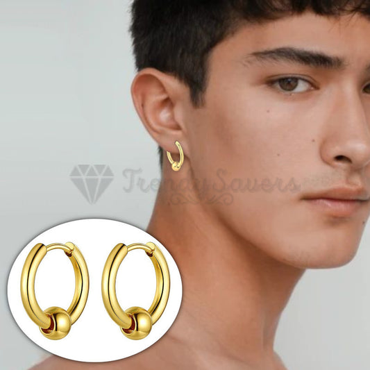 16MM Men Women Gold Plated Round Ball Bead Hippie Hoop Cartilage Earrings Pair