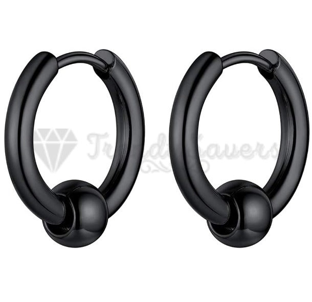 18MM Hypoallergenic Black Bead Ball Clicker Huggie Hinged Ear Hoop Earrings Pair