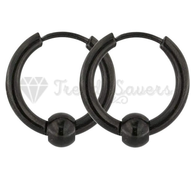 18MM Hypoallergenic Black Bead Ball Clicker Huggie Hinged Ear Hoop Earrings Pair