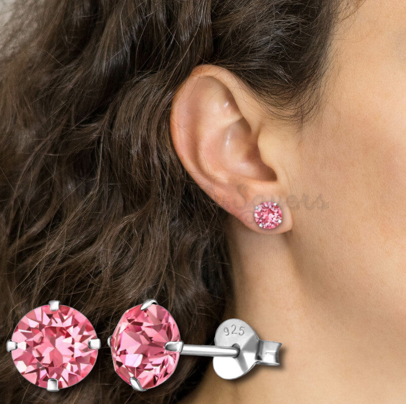 7MM Pink CZ Crystals Stud Earrings 925 Sterling Silver Womens Jewellery New UK