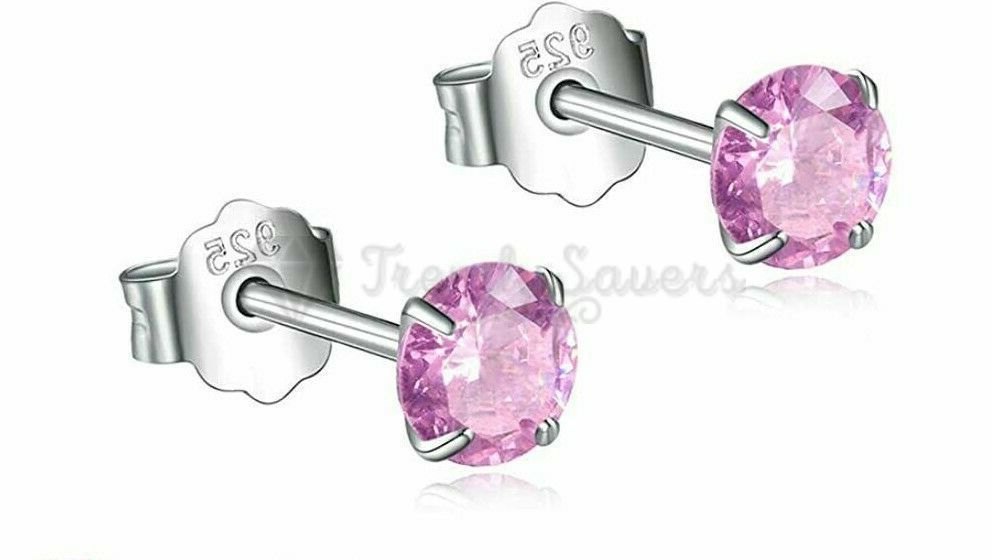 7MM Pink CZ Crystals Stud Earrings 925 Sterling Silver Womens Jewellery New UK