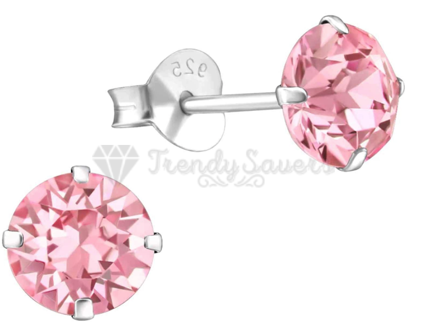 7MM Pink CZ Crystals Stud Earrings 925 Sterling Silver Womens Jewellery New UK