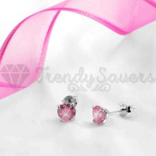 7MM Pink CZ Crystals Stud Earrings 925 Sterling Silver Womens Jewellery New UK