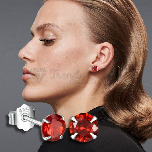 7MM Red Rhinestone Crystal 925 Sterling Silver Ear Stud Earrings Women Jewellery