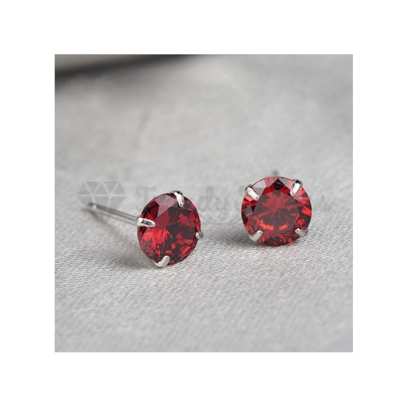 7MM Red Rhinestone Crystal 925 Sterling Silver Ear Stud Earrings Women Jewellery