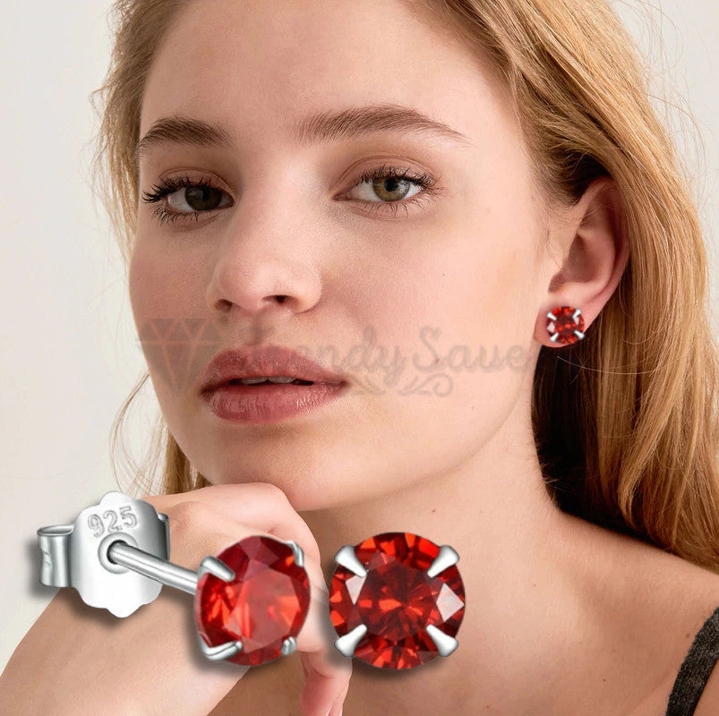 8MM Pair Womens Genuine Sterling Silver Plated Red Cubic Zirconia Stud Earrings