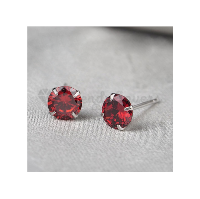 8MM Pair Womens Genuine Sterling Silver Plated Red Cubic Zirconia Stud Earrings