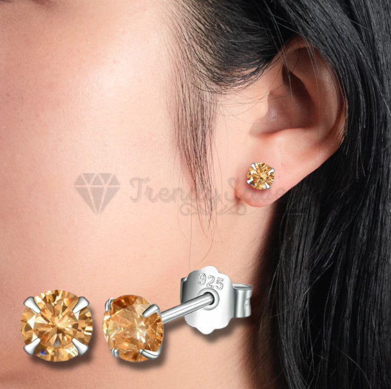 Solid 925 Sterling Silver Crystal Champagne Stud Sleeper Earrings Piercing 6MM