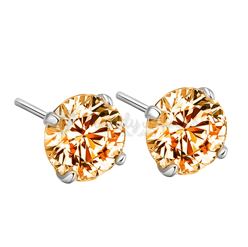 8MM Champagne CZ Stud Earrings 925 Sterling Silver Womens Ladies Jewellery Gifts