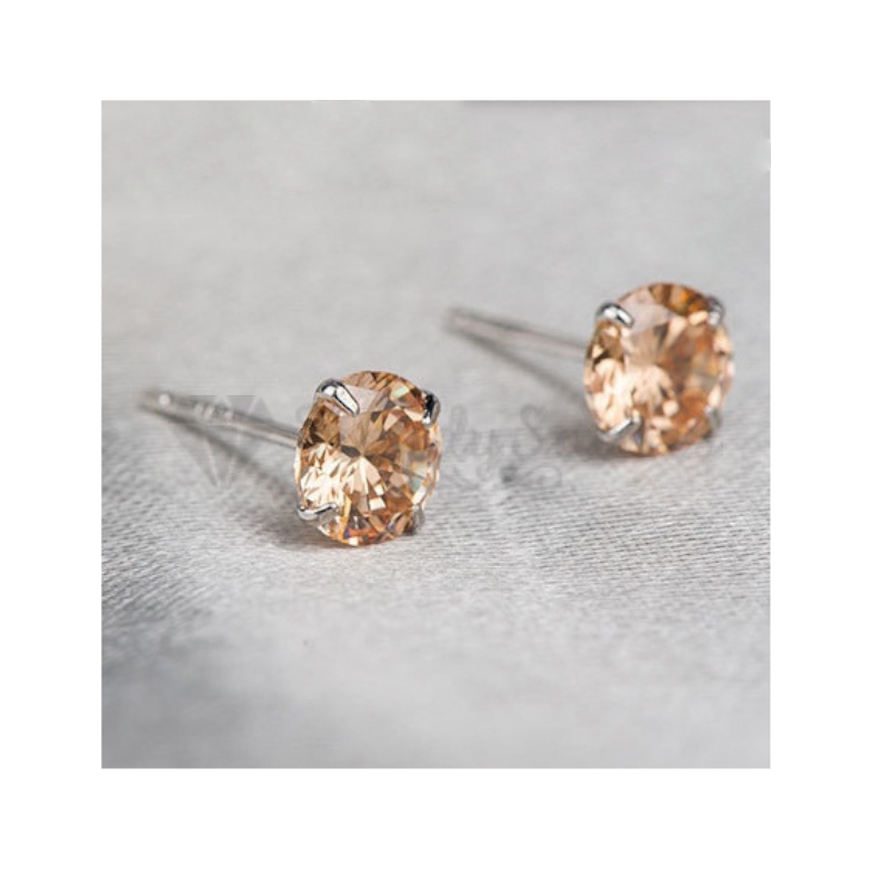 8MM Champagne CZ Stud Earrings 925 Sterling Silver Womens Ladies Jewellery Gifts