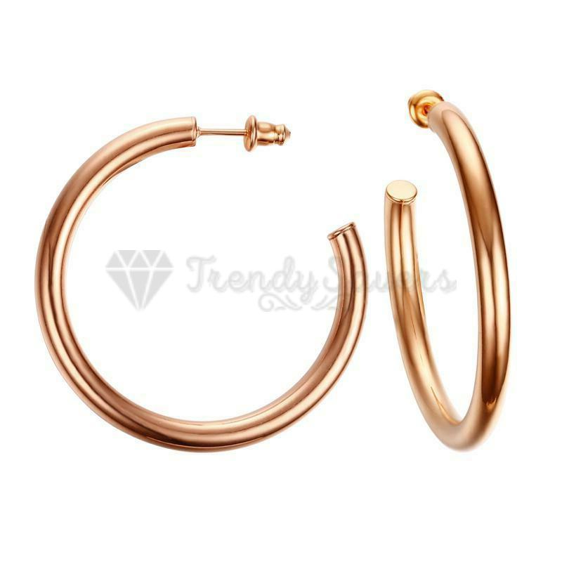 Glossy 4MM Thick Rose Gold Open Hoops Surgical Stainless Steel Ear Stud Earrings