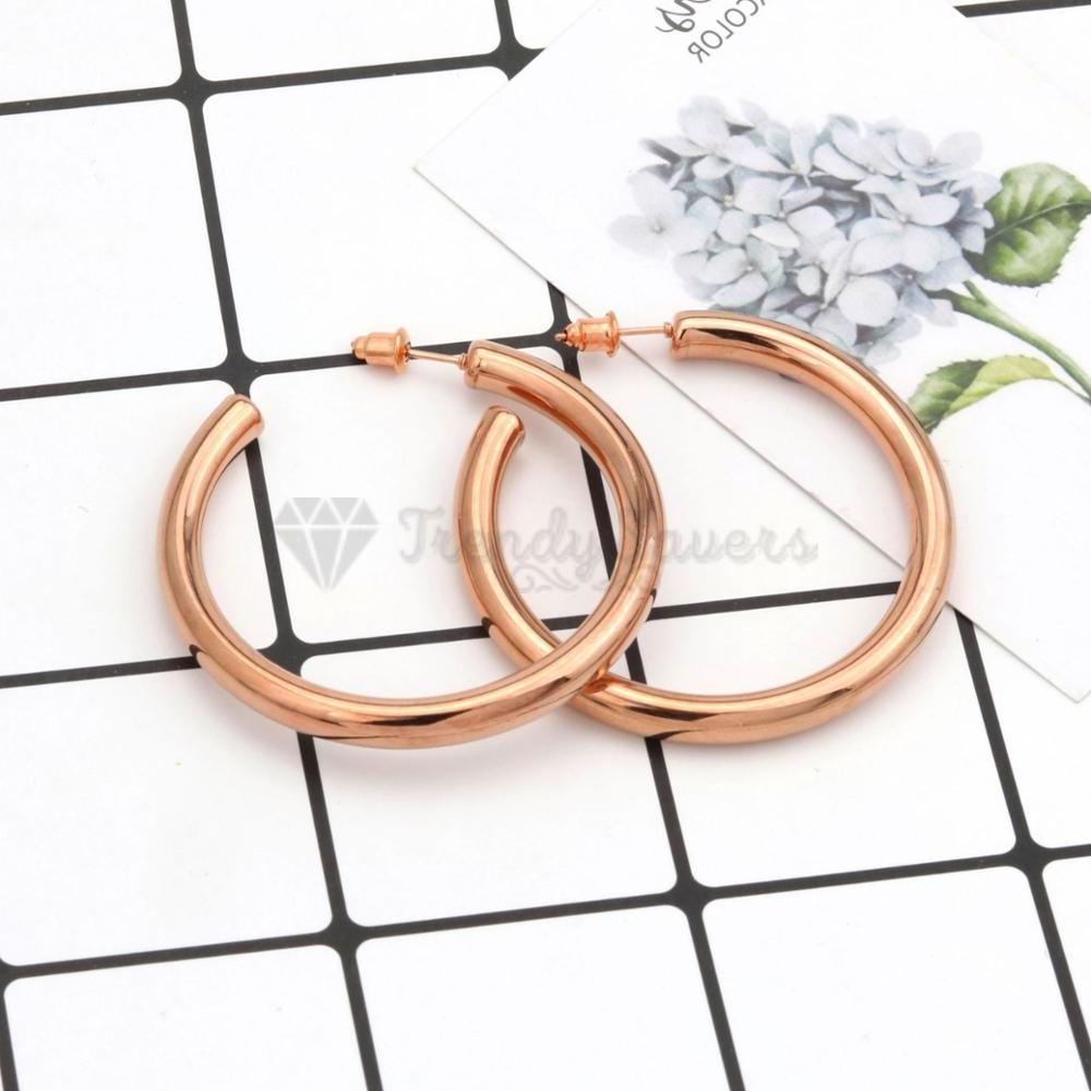 Glossy 4MM Thick Rose Gold Open Hoops Surgical Stainless Steel Ear Stud Earrings