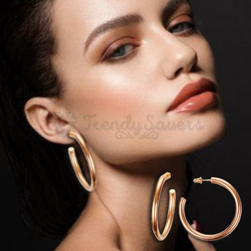 Glossy 4MM Thick Rose Gold Open Hoops Surgical Stainless Steel Ear Stud Earrings