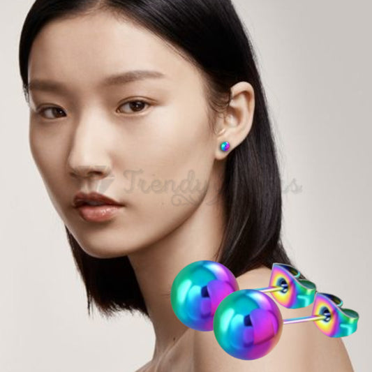 6MM Hypoallergenic Mystic Rainbow Ball Studs Earrings Surgical Stainless Steel
