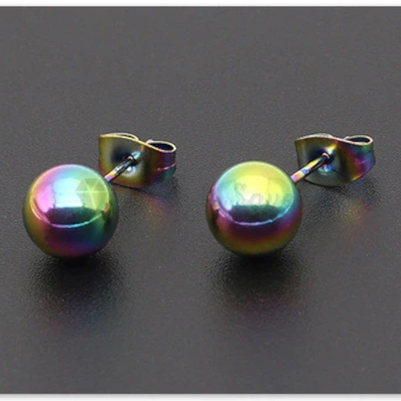 Elegant 8MM High Polished Rainbow Faux Pearl Ball Studs Earrings Hypoallergenic