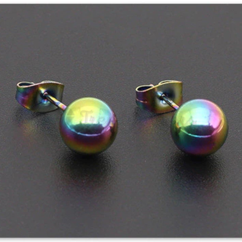 Elegant 8MM High Polished Rainbow Faux Pearl Ball Studs Earrings Hypoallergenic