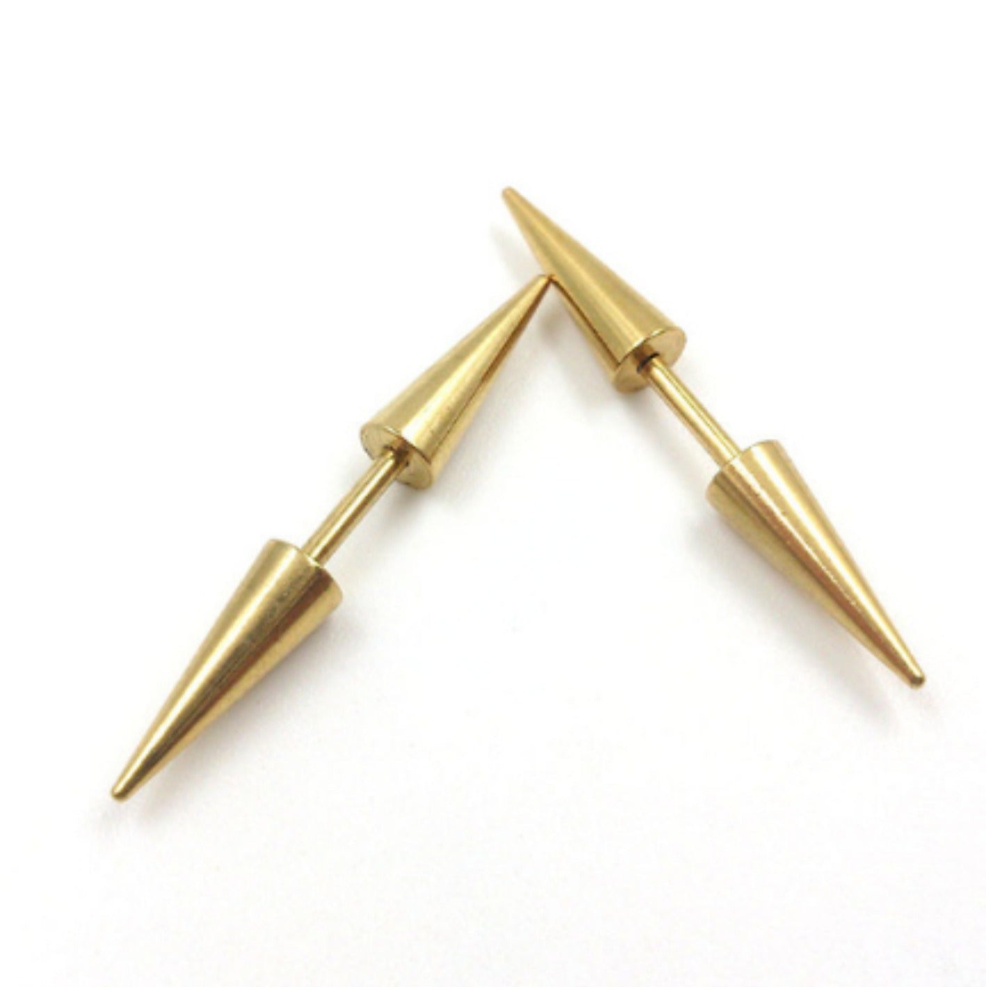 Pair of Surgical Steel Gothic Gold Hippie Punk Cone Spike Arrow Stud Earrings