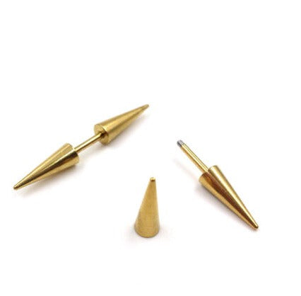 Pair of Surgical Steel Gothic Gold Hippie Punk Cone Spike Arrow Stud Earrings