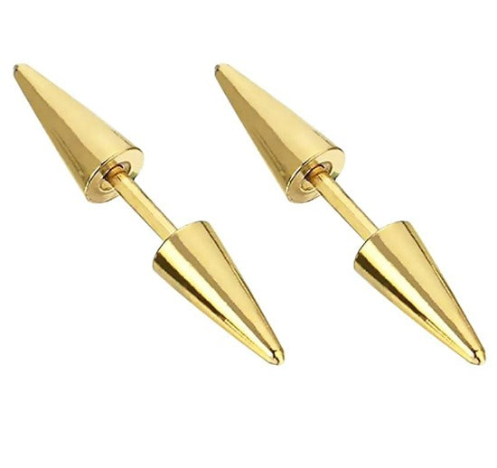 Pair of Surgical Steel Gothic Gold Hippie Punk Cone Spike Arrow Stud Earrings