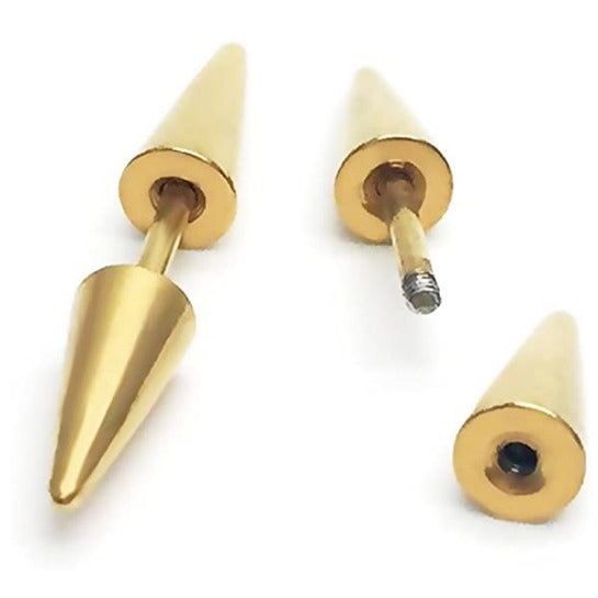 Pair of Surgical Steel Gothic Gold Hippie Punk Cone Spike Arrow Stud Earrings