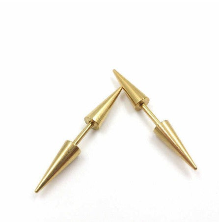 Pair of Surgical Steel Gothic Gold Hippie Punk Cone Spike Arrow Stud Earrings