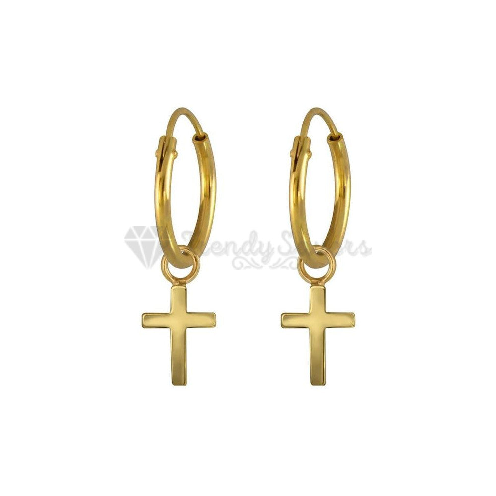 Hypoallergenic 925 Sterling Silver Gold Faith Cross Hoop Huggie Earrings Unisex