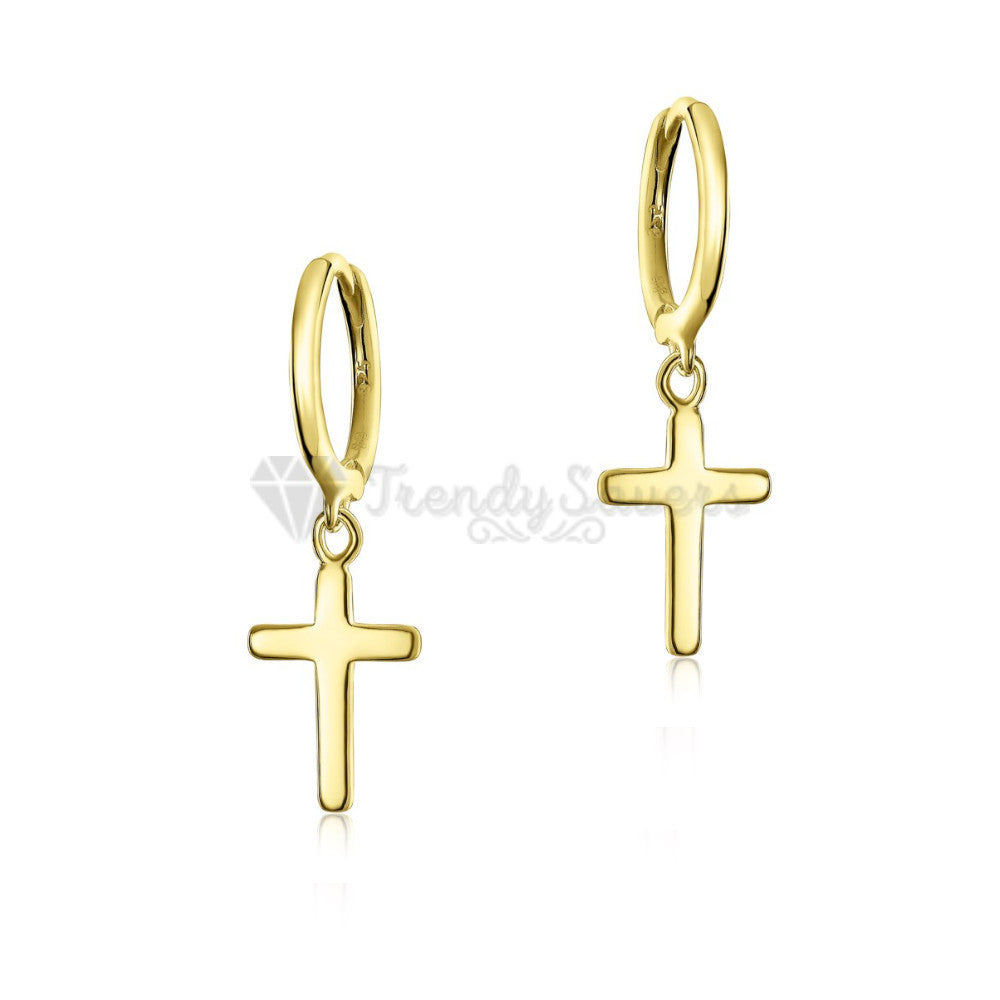 Hypoallergenic 925 Sterling Silver Gold Faith Cross Hoop Huggie Earrings Unisex