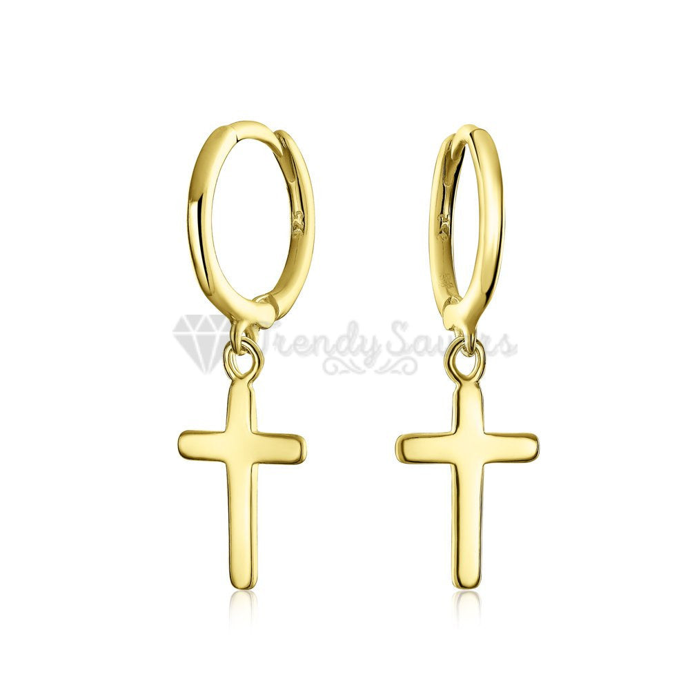 Hypoallergenic 925 Sterling Silver Gold Faith Cross Hoop Huggie Earrings Unisex