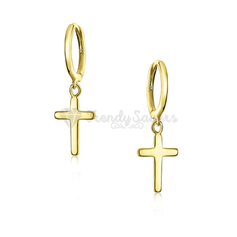 Hypoallergenic 925 Sterling Silver Gold Faith Cross Hoop Huggie Earrings Unisex