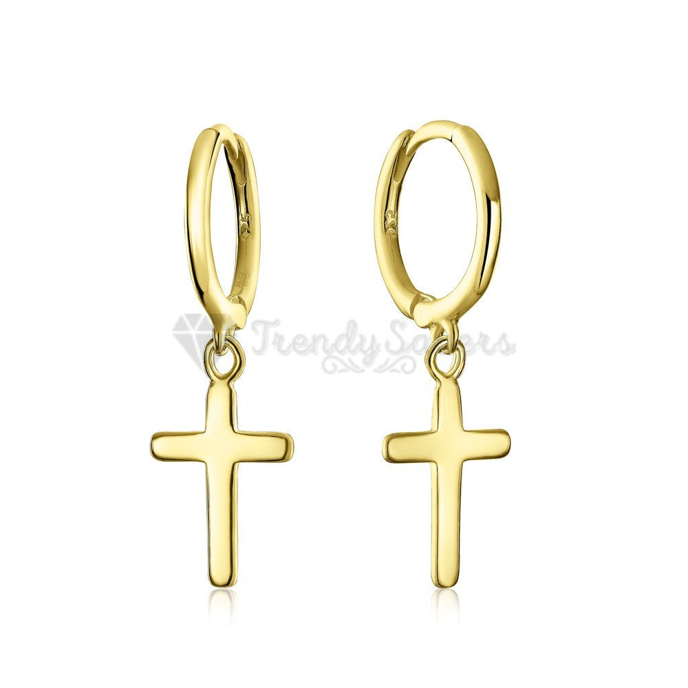Hypoallergenic 925 Sterling Silver Gold Faith Cross Hoop Huggie Earrings Unisex