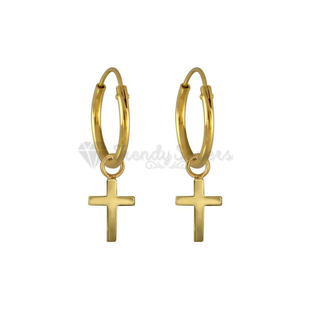 Hypoallergenic 925 Sterling Silver Gold Faith Cross Hoop Huggie Earrings Unisex