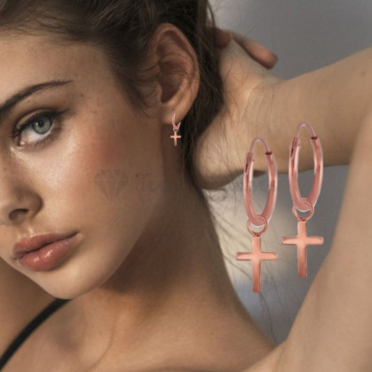 Hypoallergenic 925 Sterling Silver Rose Gold Faith Cross Hoop Huggie Earrings Unisex