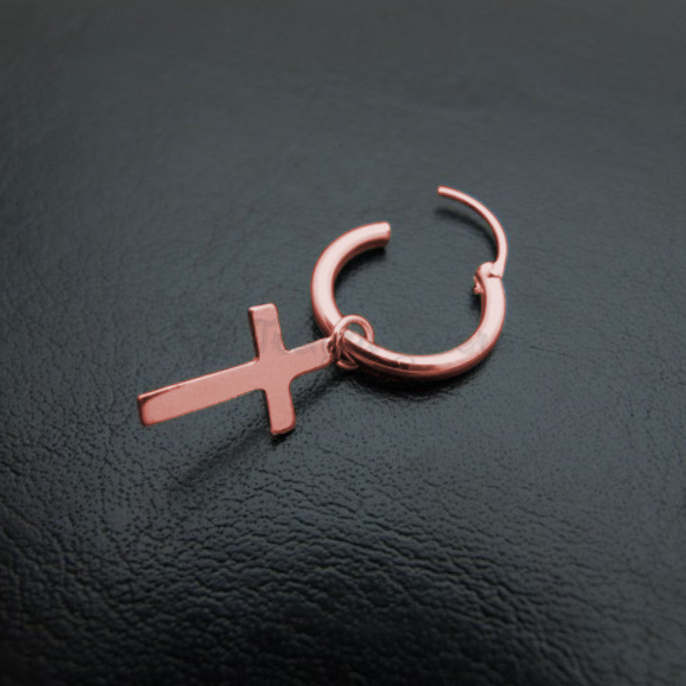 Hypoallergenic 925 Sterling Silver Rose Gold Faith Cross Hoop Huggie Earrings Unisex