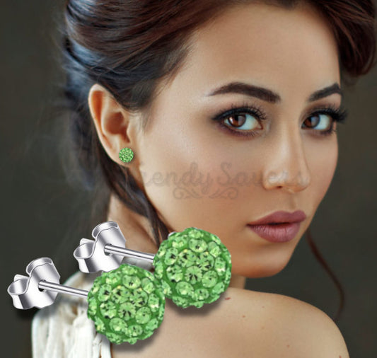 8MM Green Emerald Cubic Zircon Ball Crystal Ear Stud 925 Sterling Silver Earring
