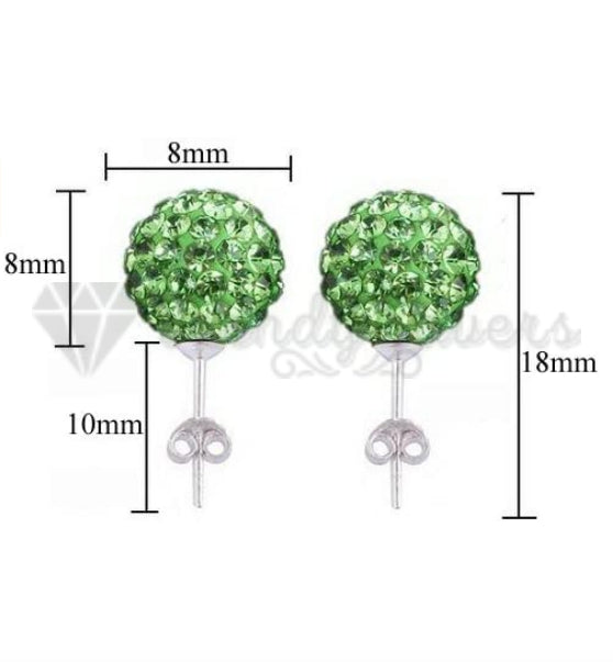 8MM Green Emerald Cubic Zircon Ball Crystal Ear Stud 925 Sterling Silver Earring