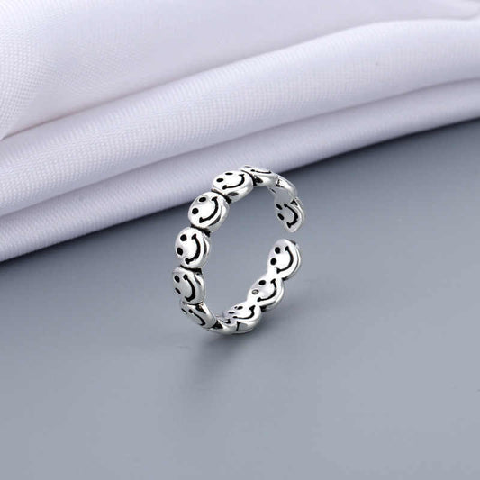 Women Adjustable 925 Sterling Silver Cute Happy Smiling Faces Band Open Ring