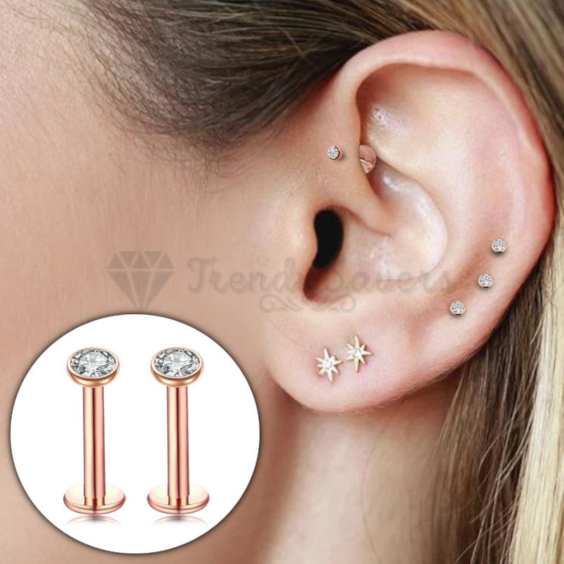 2x Rose Gold Body Jewelry Labret Ear Nose Helix Cartilage Stud Piercings 2.5MM