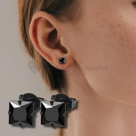 Women's 6MM Black Polished Surgical Steel Cubic Zirconia Stud Earrings Jewellery