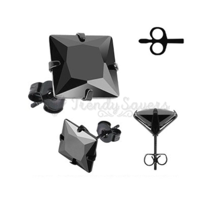 Women's 6MM Black Polished Surgical Steel Cubic Zirconia Stud Earrings Jewellery
