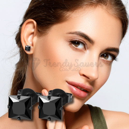 Women Men 8MM Black Princess Cut Cubic Zirconia Stud Earrings Womens Jewellery